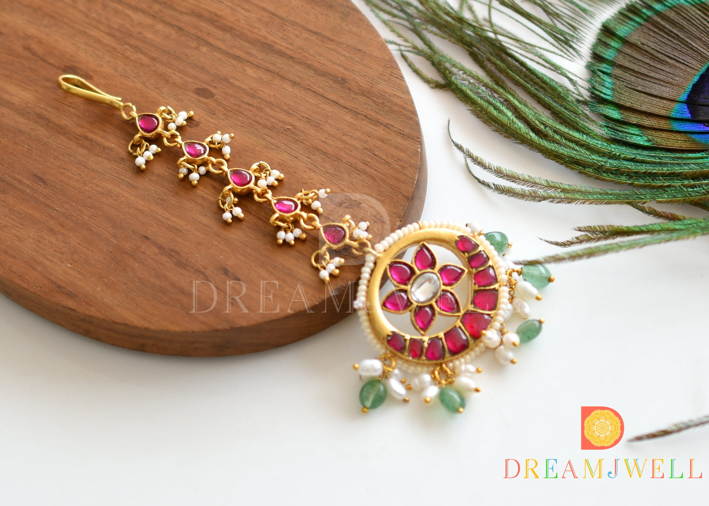 Gold tone kundan jadau pink-white tikka dj-36355