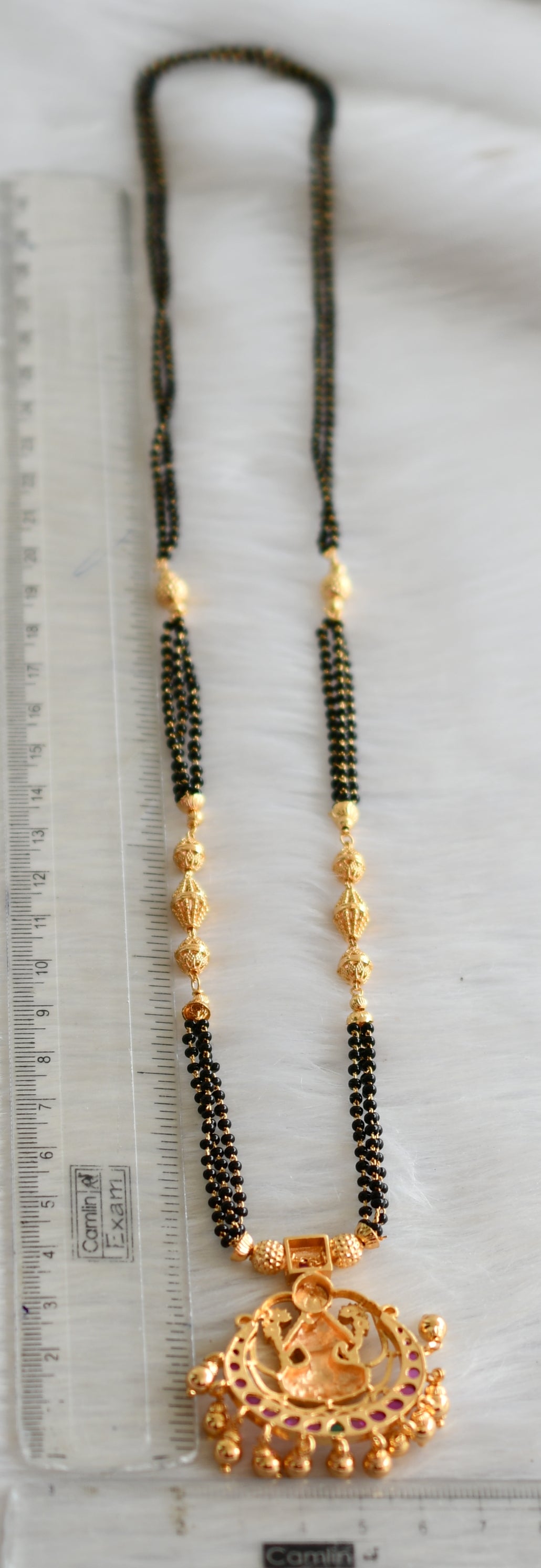 Gold tone kemp-green stone Lakshmi pendant mangalsutra dj-41097