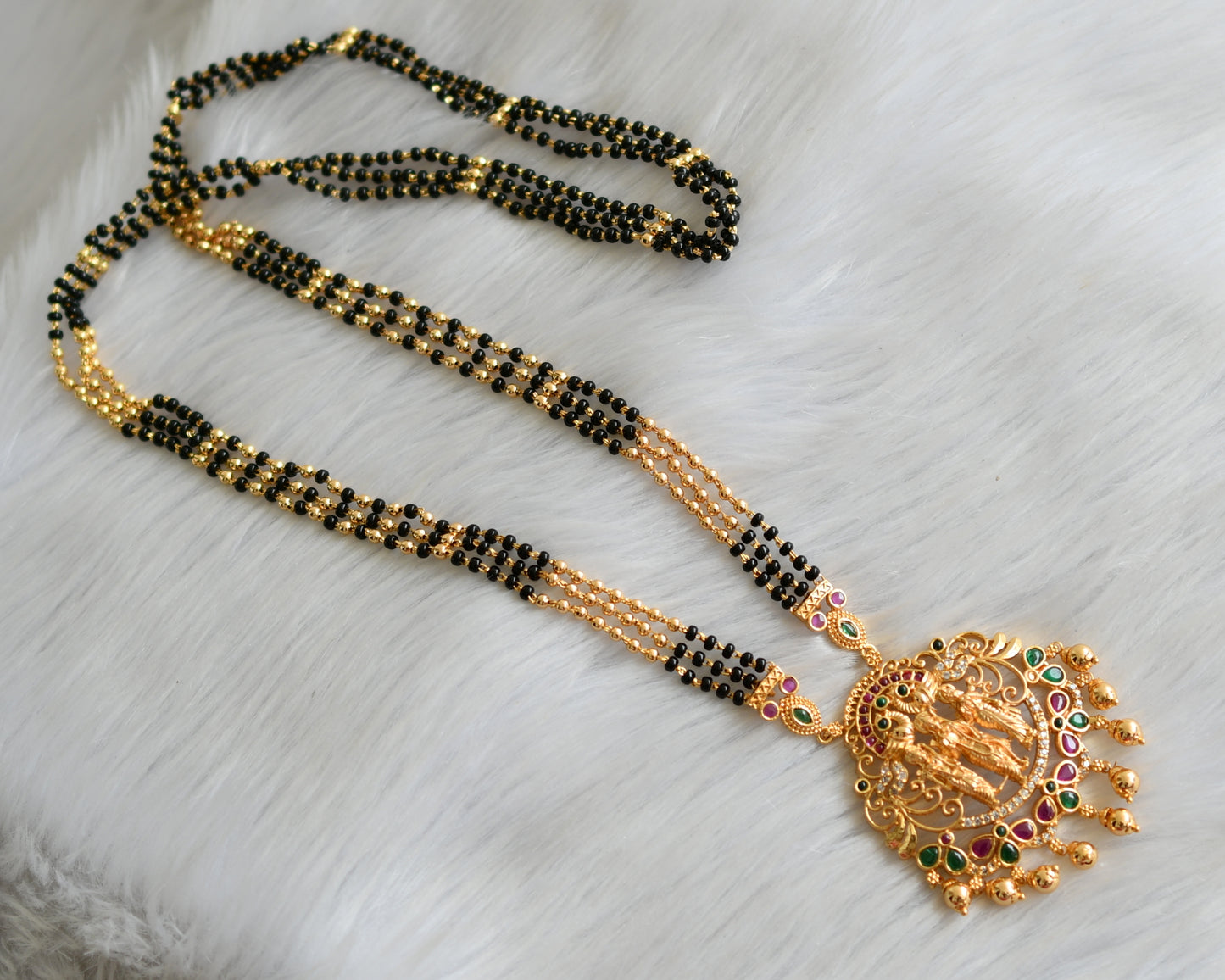 Gold tone kemp-green-white stone Ram parivar pendant mangalsutra dj-41096