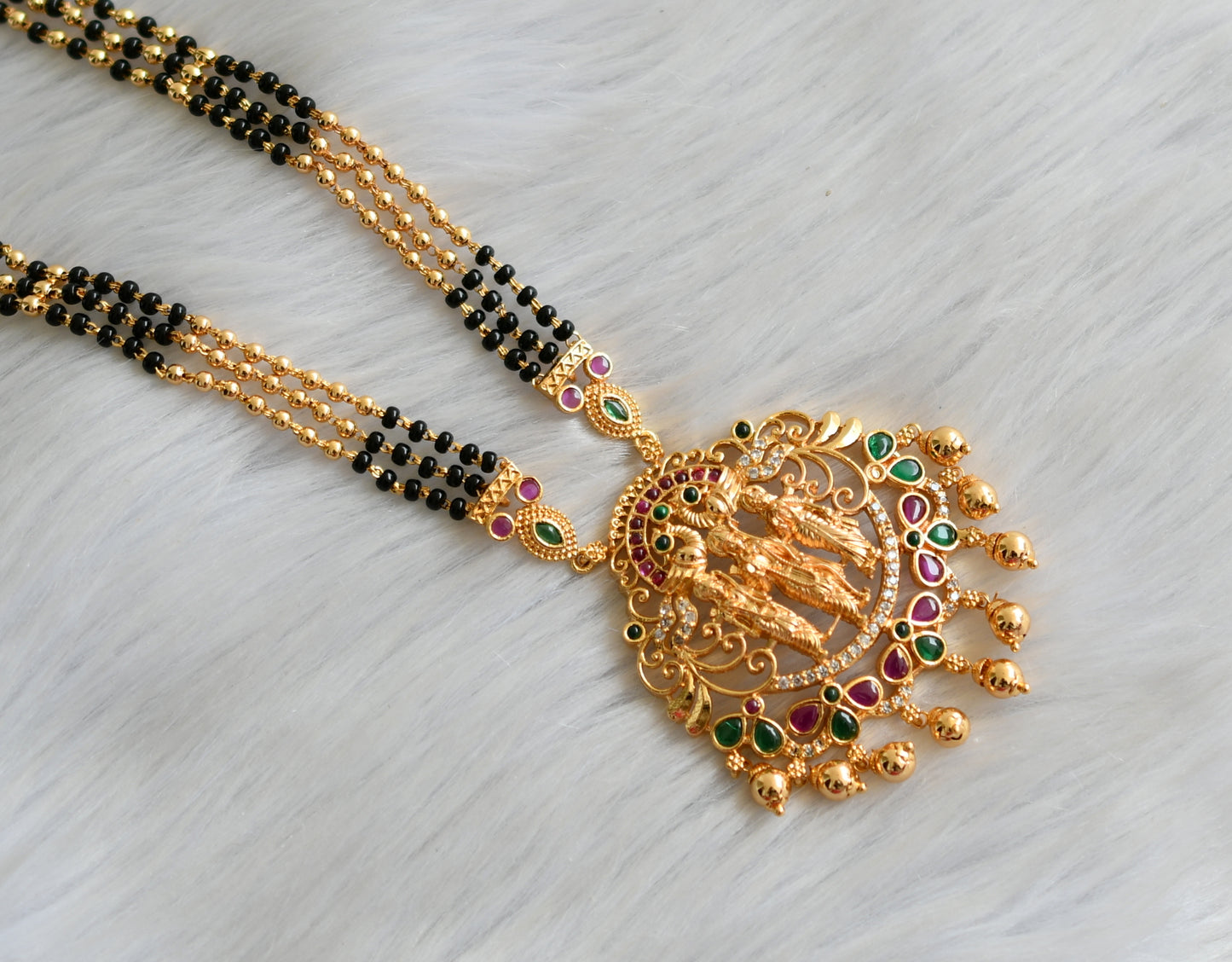 Gold tone kemp-green-white stone Ram parivar pendant mangalsutra dj-41096