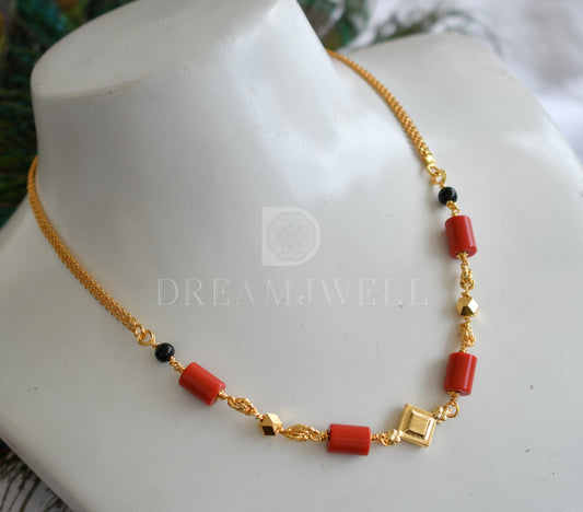 Gold tone coral-black beads mangalsutra dj-35858