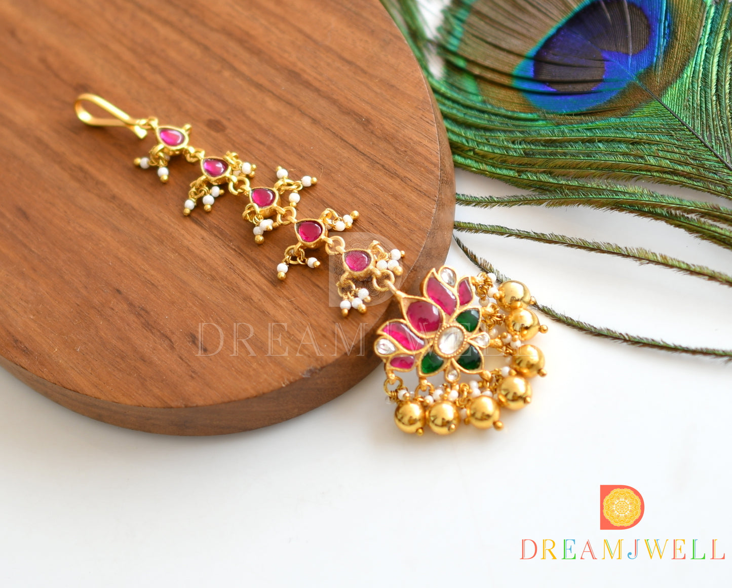 Gold tone pink-green-white Kundan jadau lotus tikka dj-36357