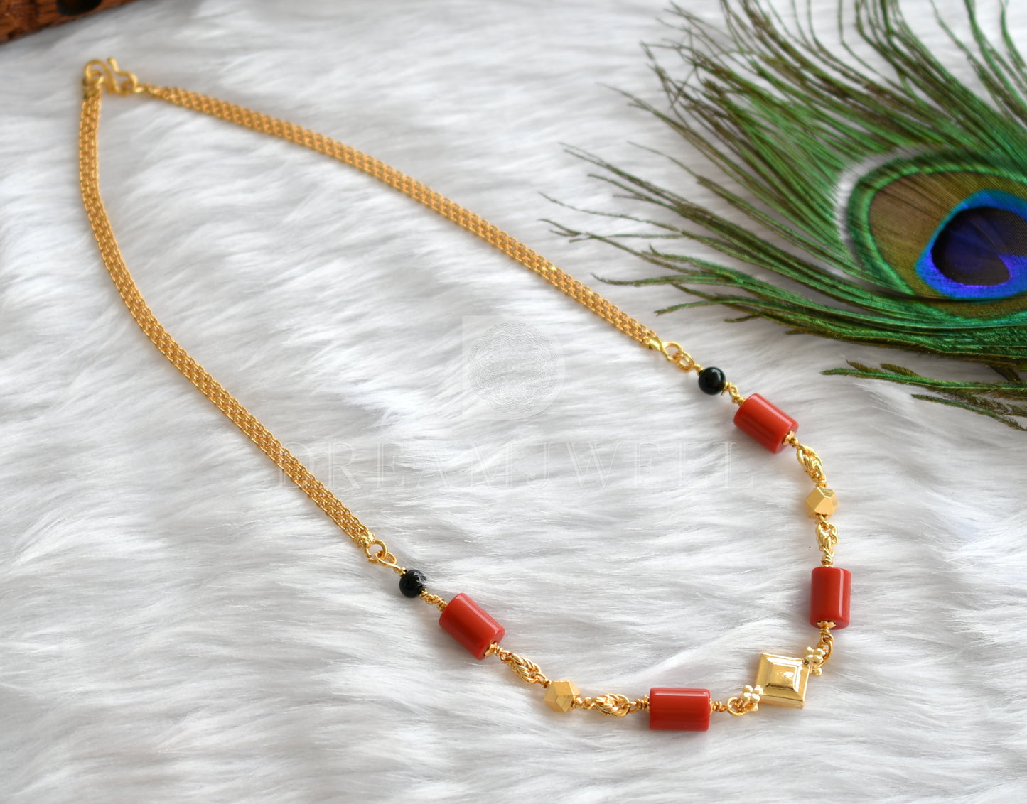 Gold tone coral-black beads mangalsutra dj-35858