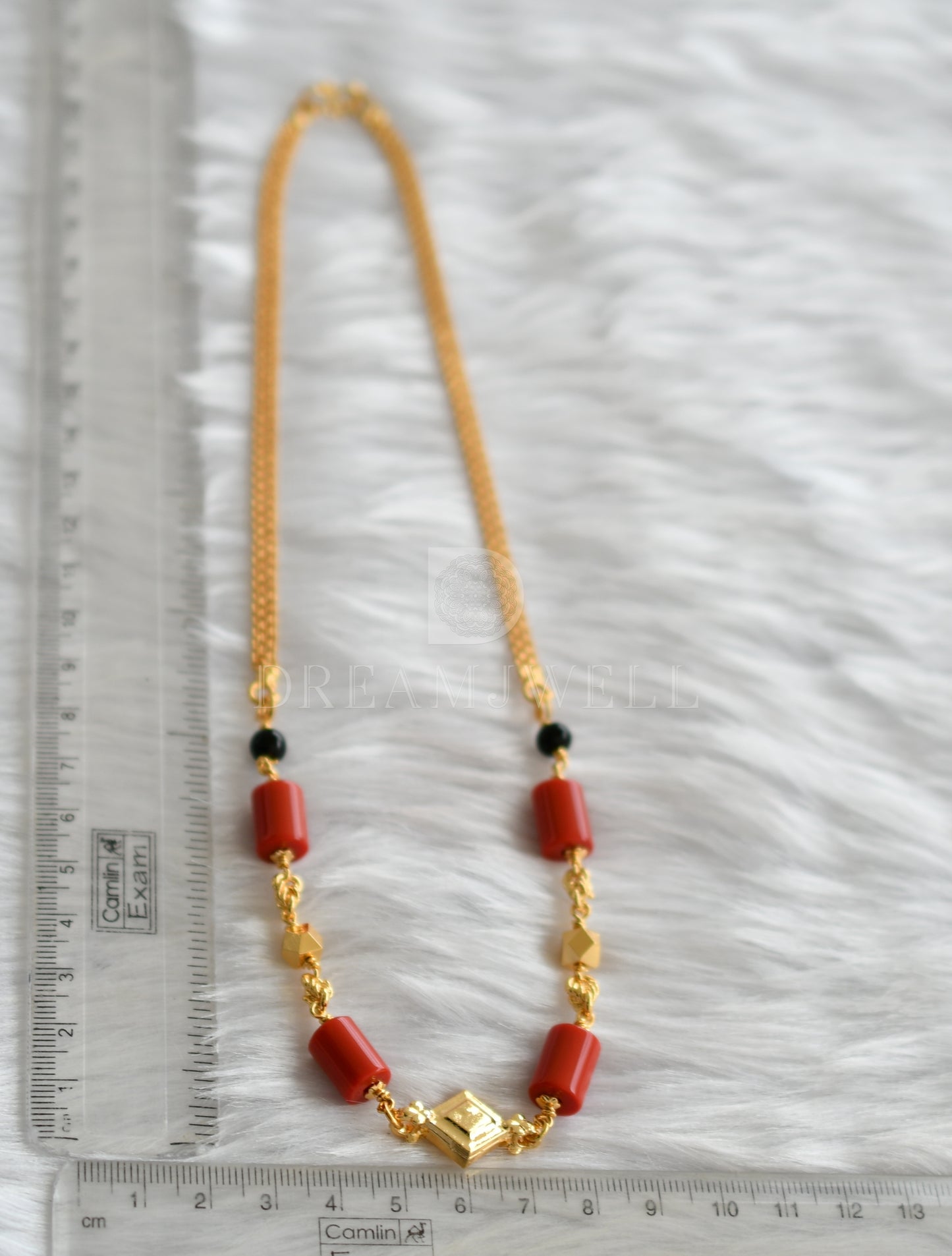 Gold tone coral-black beads mangalsutra dj-35858