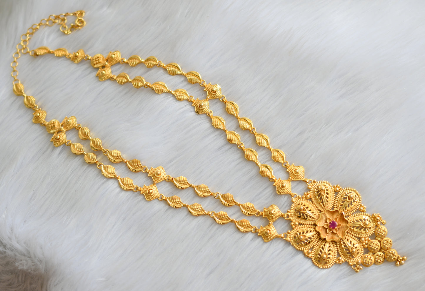 Matte gold tone pink stone Kerala style double layer haar dj-41053