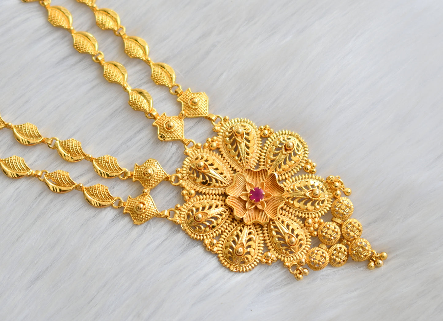 Matte gold tone pink stone Kerala style double layer haar dj-41053