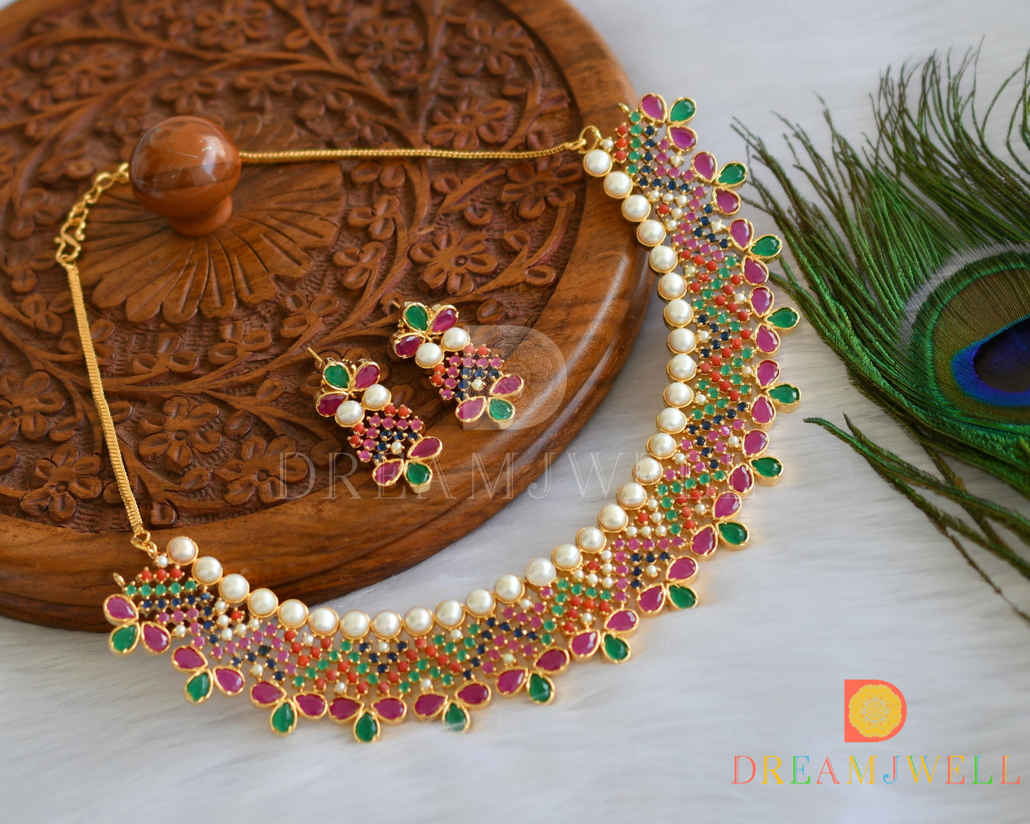 Gold tone navarathna necklace set dj-18051