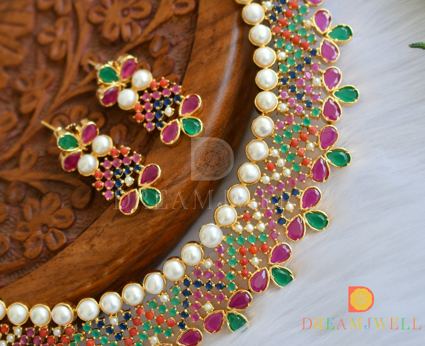 Gold tone navarathna necklace set dj-18051