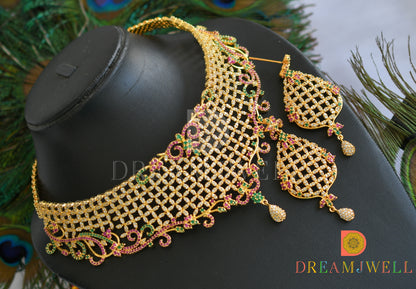 Gold tone cz ruby-emerald choker necklace set dj-22012