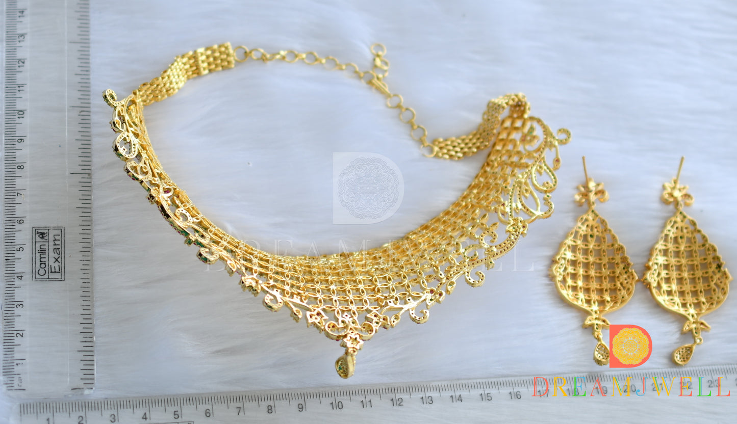 Gold tone cz ruby-emerald choker necklace set dj-22012