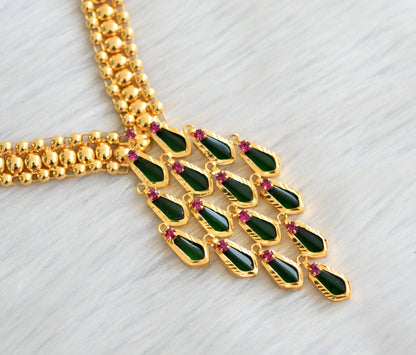 Gold tone pink stone green nagapadam Kerala style necklace dj-41058