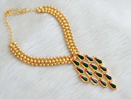 Gold tone pink stone green nagapadam Kerala style necklace dj-41058