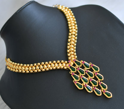 Gold tone pink stone green nagapadam Kerala style necklace dj-41058
