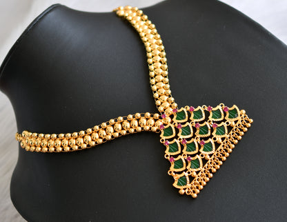 Gold tone pink stone green palakka Kerala style necklace dj-41060