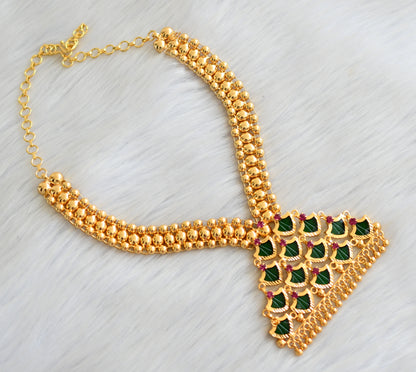 Gold tone pink stone green palakka Kerala style necklace dj-41060