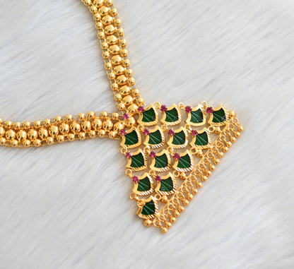 Gold tone pink stone green palakka Kerala style necklace dj-41060