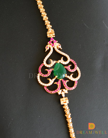 Gold Tone Ruby Emerald Peacock Mugappu Chain dj-05507