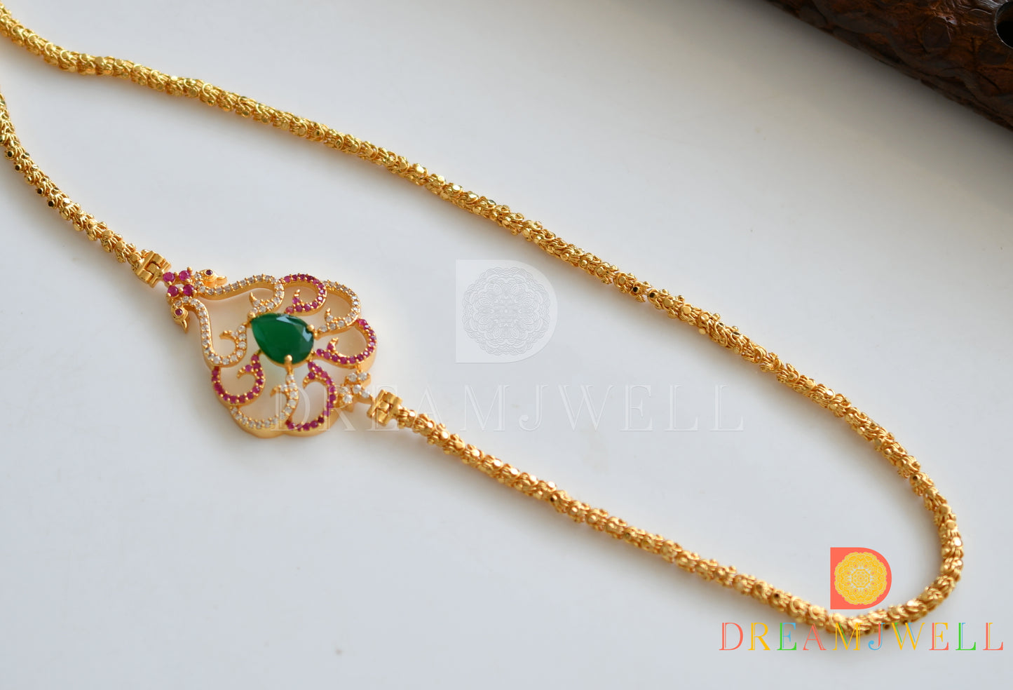 Gold Tone Ruby Emerald Peacock Mugappu Chain dj-05507