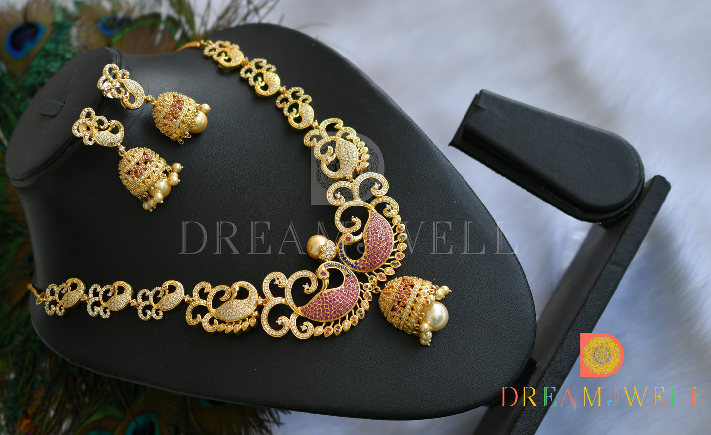 Gold tone cz-ruby peacock jhumkka pendant necklace set dj-01272