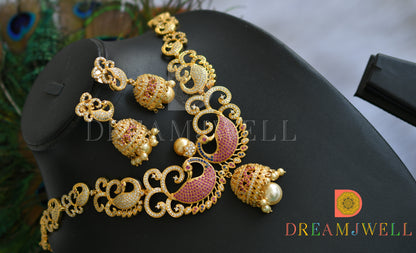 Gold tone cz-ruby peacock jhumkka pendant necklace set dj-01272