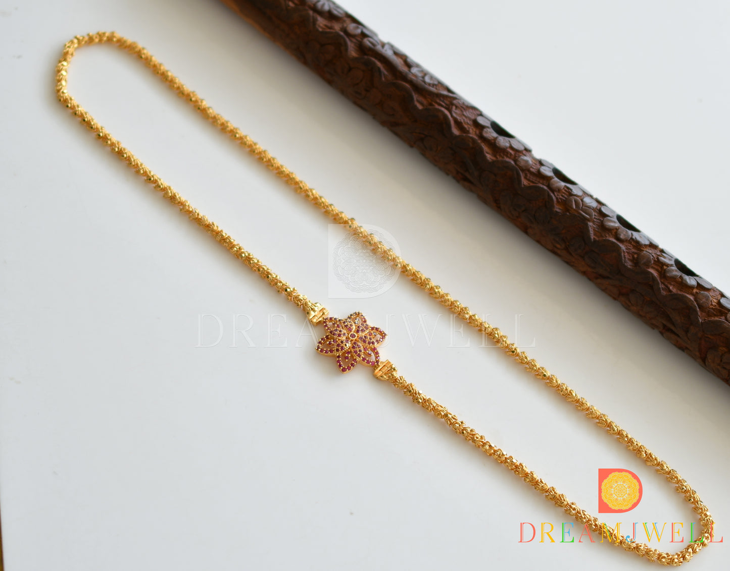 Gold Tone Ruby Flower Mugappu Chain dj-09580