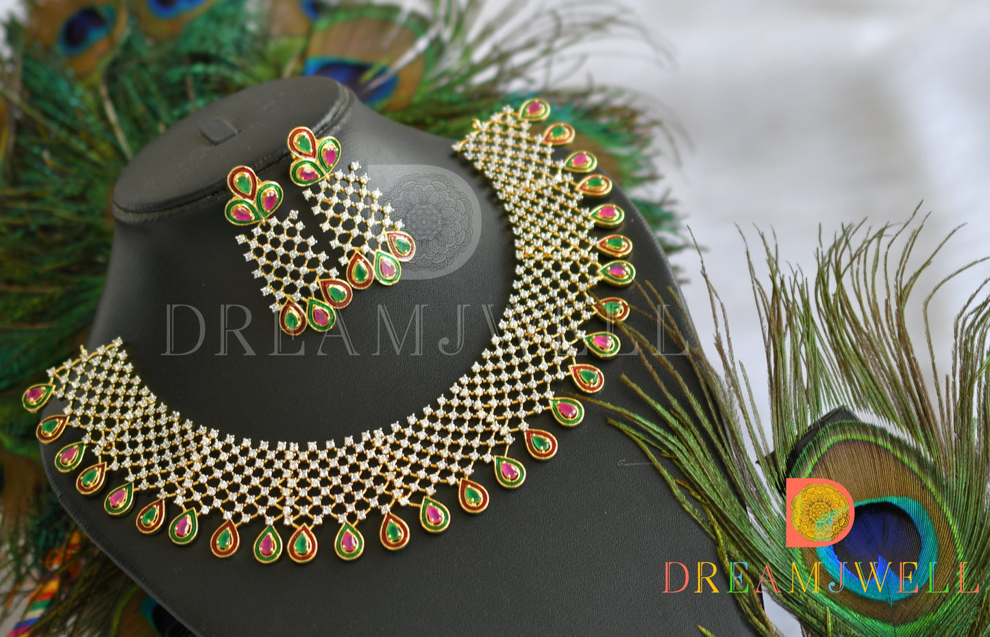 Gold tone Cz-ruby-emerald bridal necklace set dj-02435