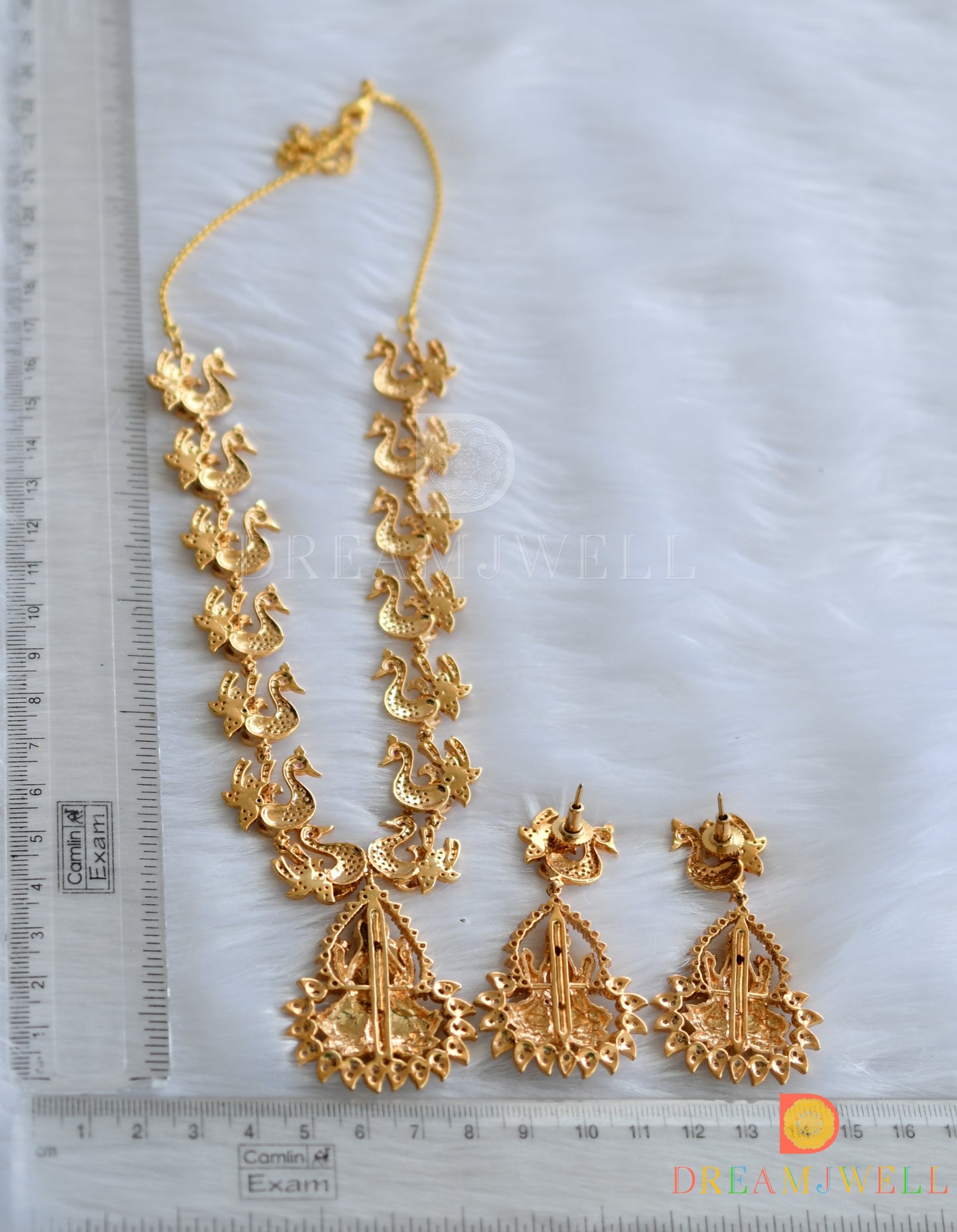 Gold tone Cz-ruby-white swan lakshmi necklace set dj-03413