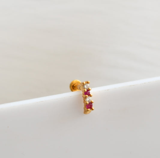 Gold tone ruby-white nose pin with screw back dj-34880