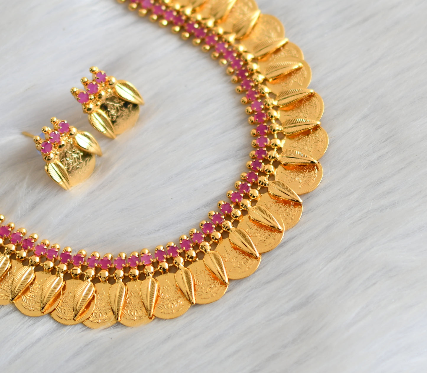 Gold tone leaf Lakshmi coin pink stone necklace set dj-37767