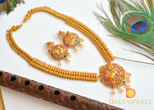 Matte Finish Kemp-green Peacock Lakshmi coin Haar Set DJ31110