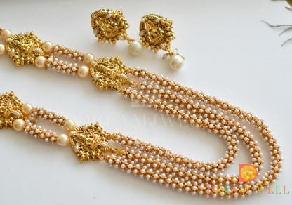 Antique gold tone Pearl Lakshmi Mugappu Multilayer Necklace Set dj-12834