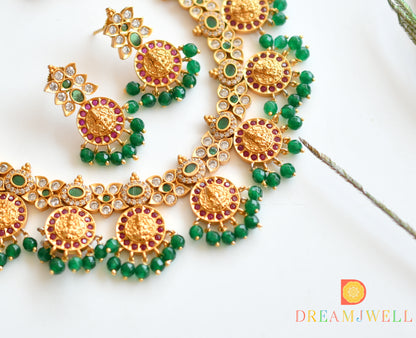 Matte Finish Cz Ruby-green Lakshmi Necklace Set dj-31027