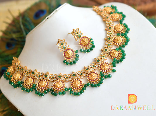 Matte Finish Cz Ruby-green Lakshmi Necklace Set dj-31027