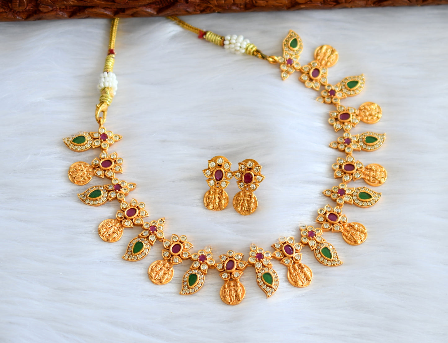 Matte finish cz ruby-green Ram parivar necklace set dj-32619