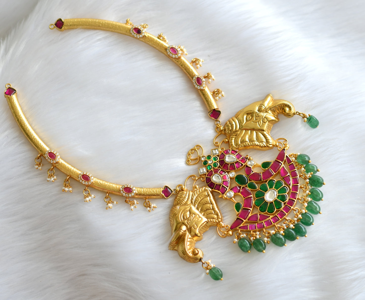 Gold tone pink-green-white kundan jadau mango-peacock-elephant necklace dj-39482