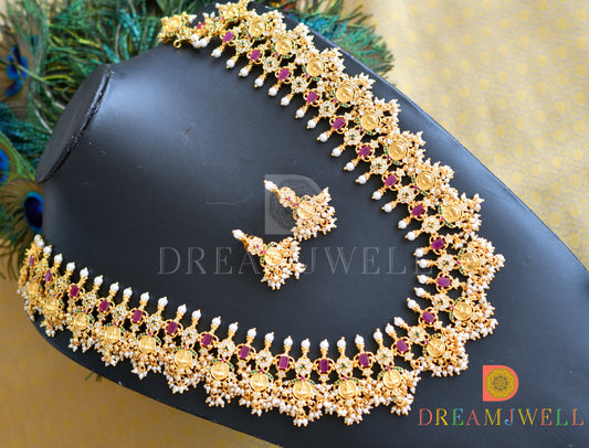 Gold tone ruby-emerald-white Lakshmi coin gutta pusalu haar set dj-36377