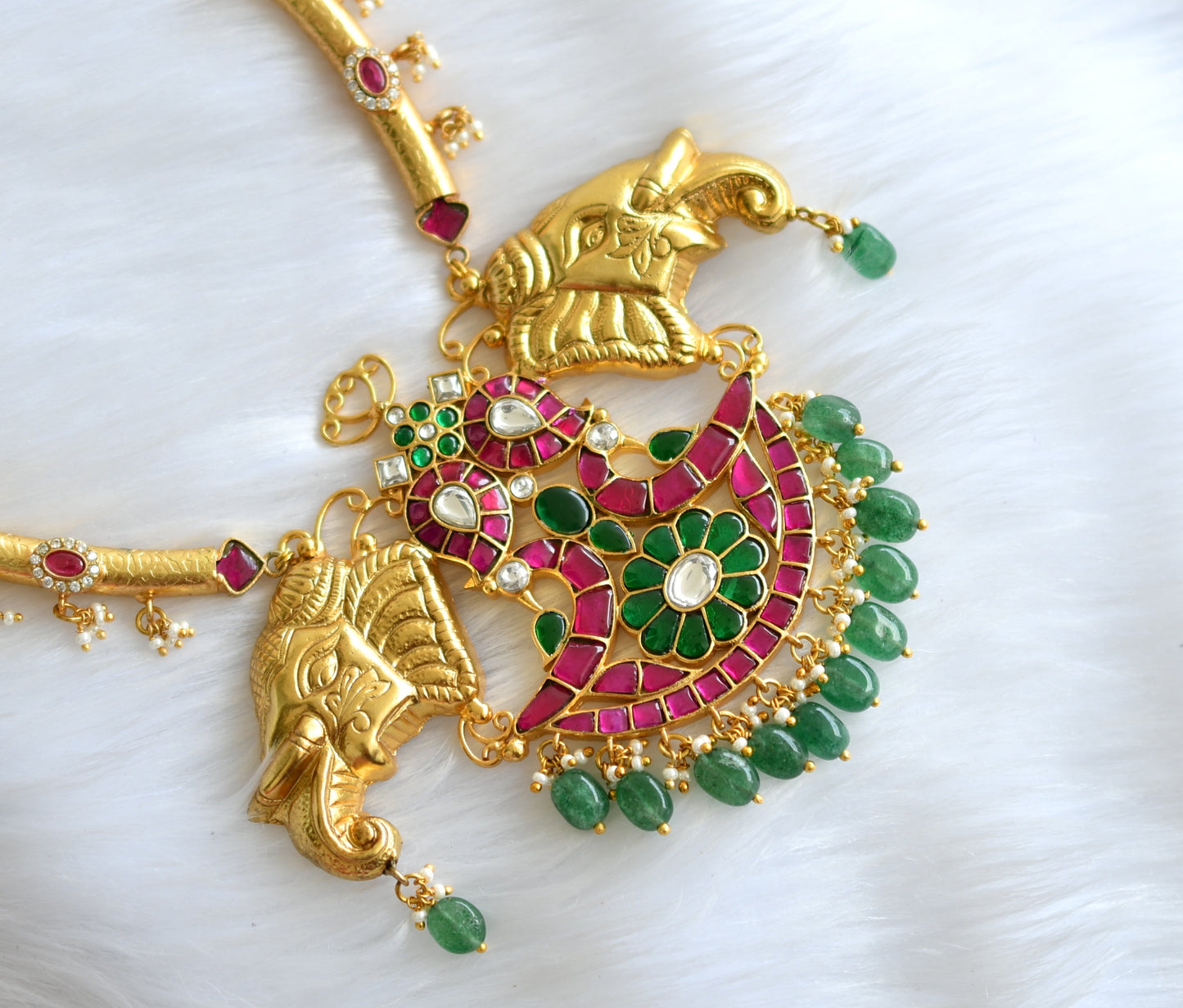 Gold tone pink-green-white kundan jadau mango-peacock-elephant necklace dj-39482