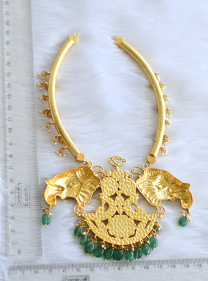 Gold tone pink-green-white kundan jadau mango-peacock-elephant necklace dj-39482