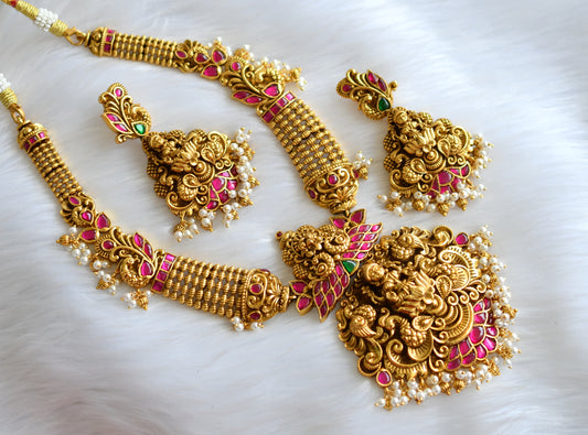 Gold tone pink-green kundan jadau pearl cluster Lakshmi-peacock necklace set dj-39484