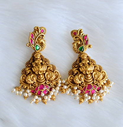 Gold tone pink-green kundan jadau pearl cluster Lakshmi-peacock necklace set dj-39484