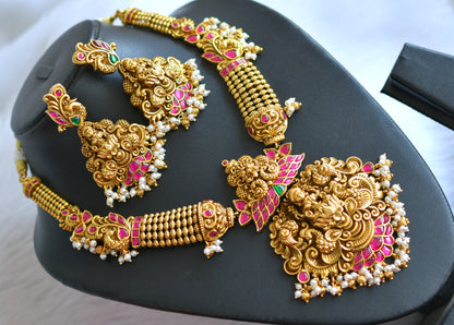 Gold tone pink-green kundan jadau pearl cluster Lakshmi-peacock necklace set dj-39484