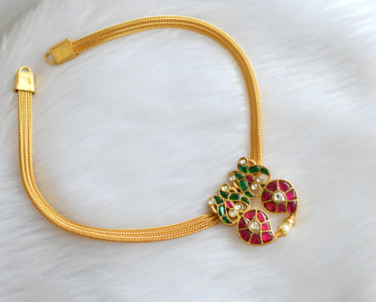 Gold tone pink-green-white mango-peacock kundan jadau necklace dj-39471