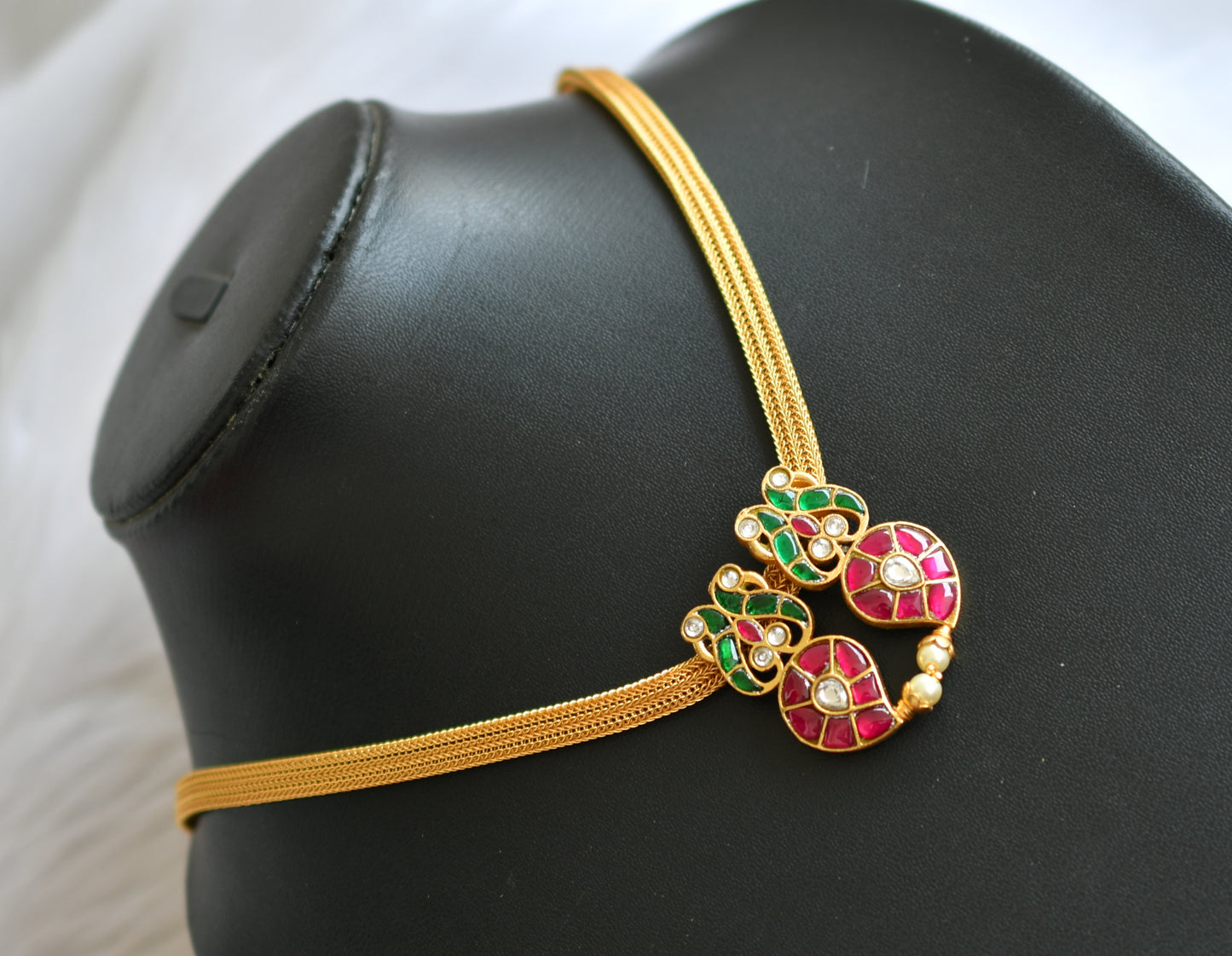 Gold tone pink-green-white mango-peacock kundan jadau necklace dj-39471