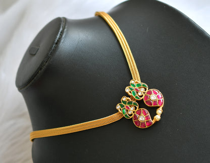 Gold tone pink-green-white mango-peacock kundan jadau necklace dj-39471