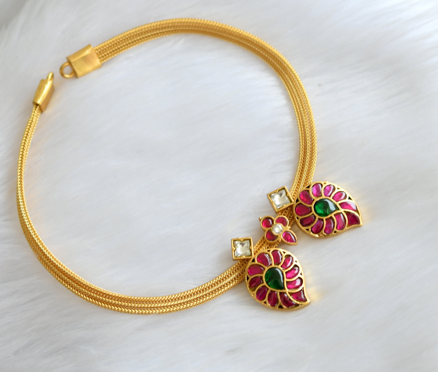 Gold tone pink-green-white mango kundan jadau necklace dj-39472