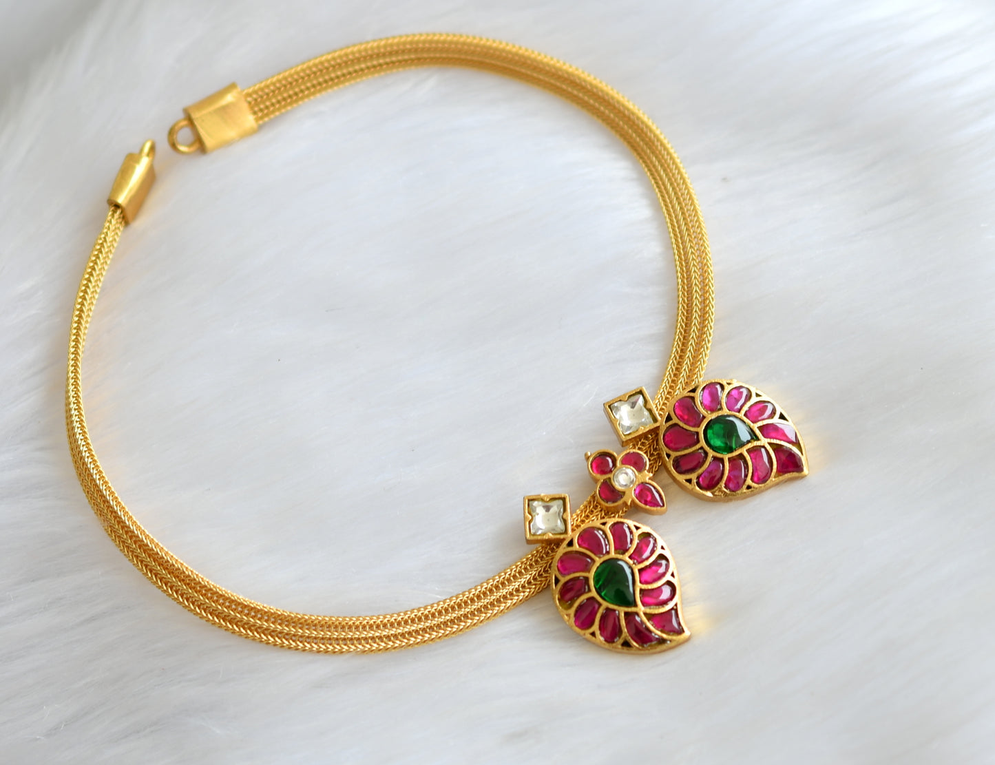 Gold tone pink-green-white mango kundan jadau necklace dj-39472