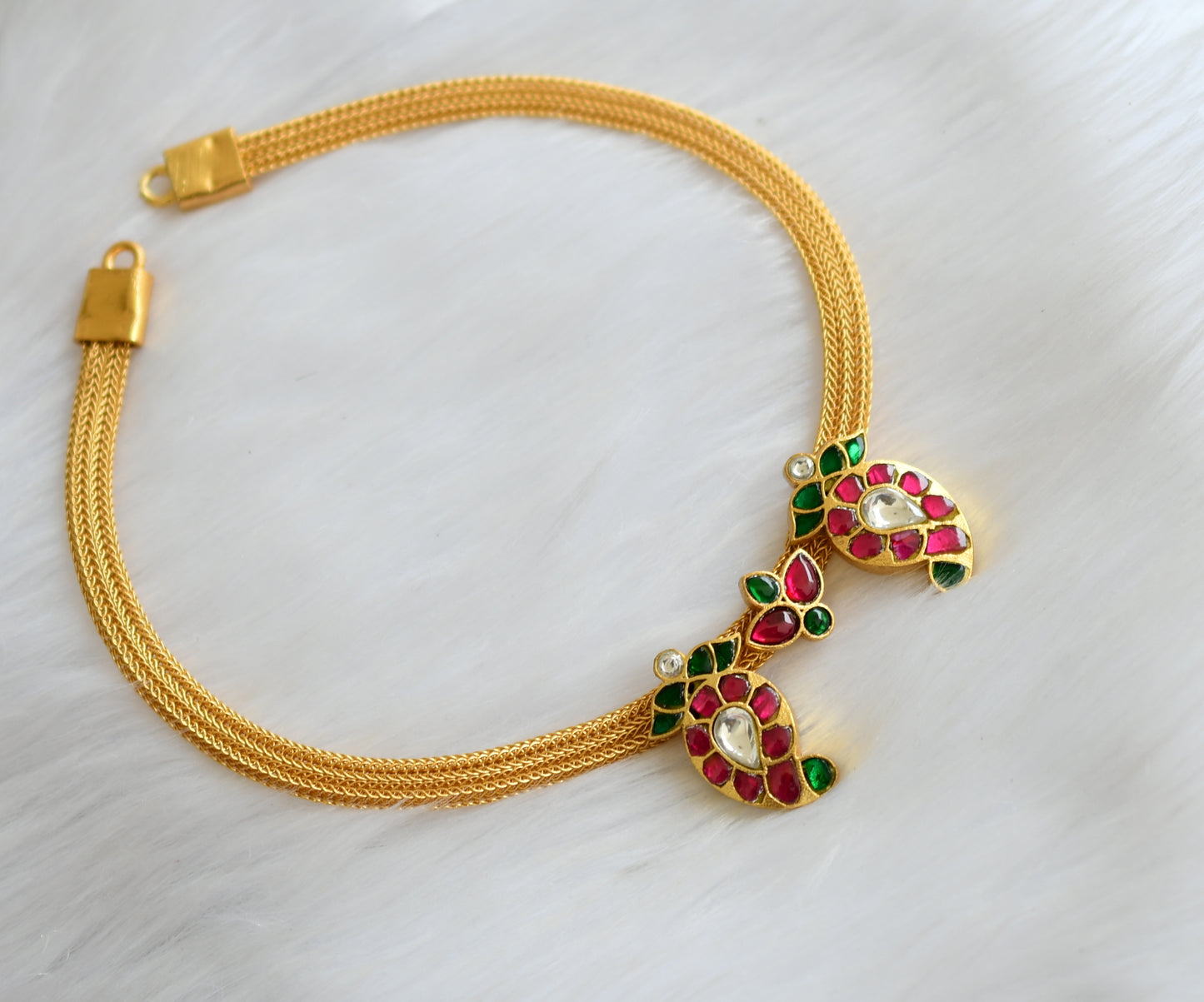 Gold tone pink-green-white kundan jadau mango necklace dj-39473