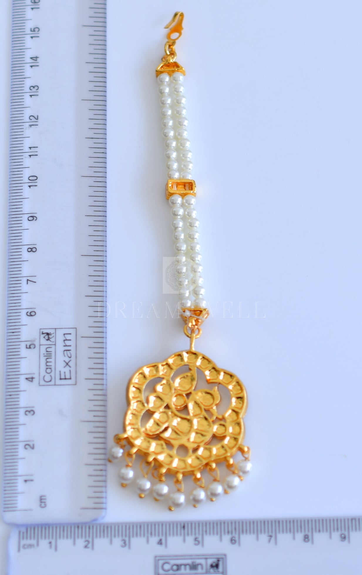 Gold tone kemp-green pearl swan flower maang tikka dj-29716