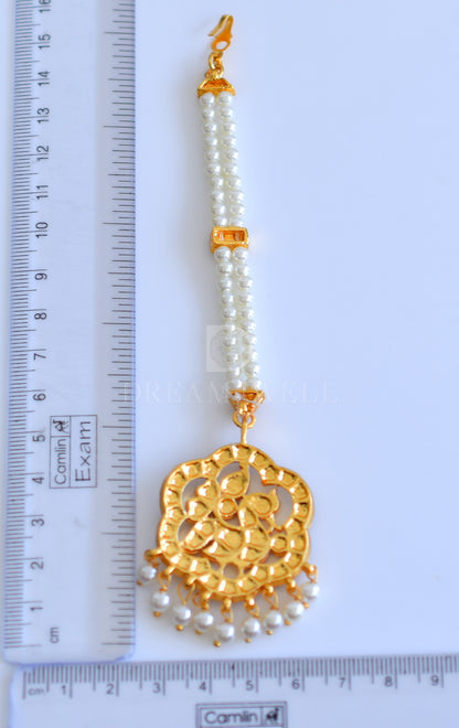 Gold tone kemp-green pearl swan flower maang tikka dj-29716