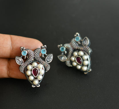 Silver tone Navarathna peacock haar set dj-38748